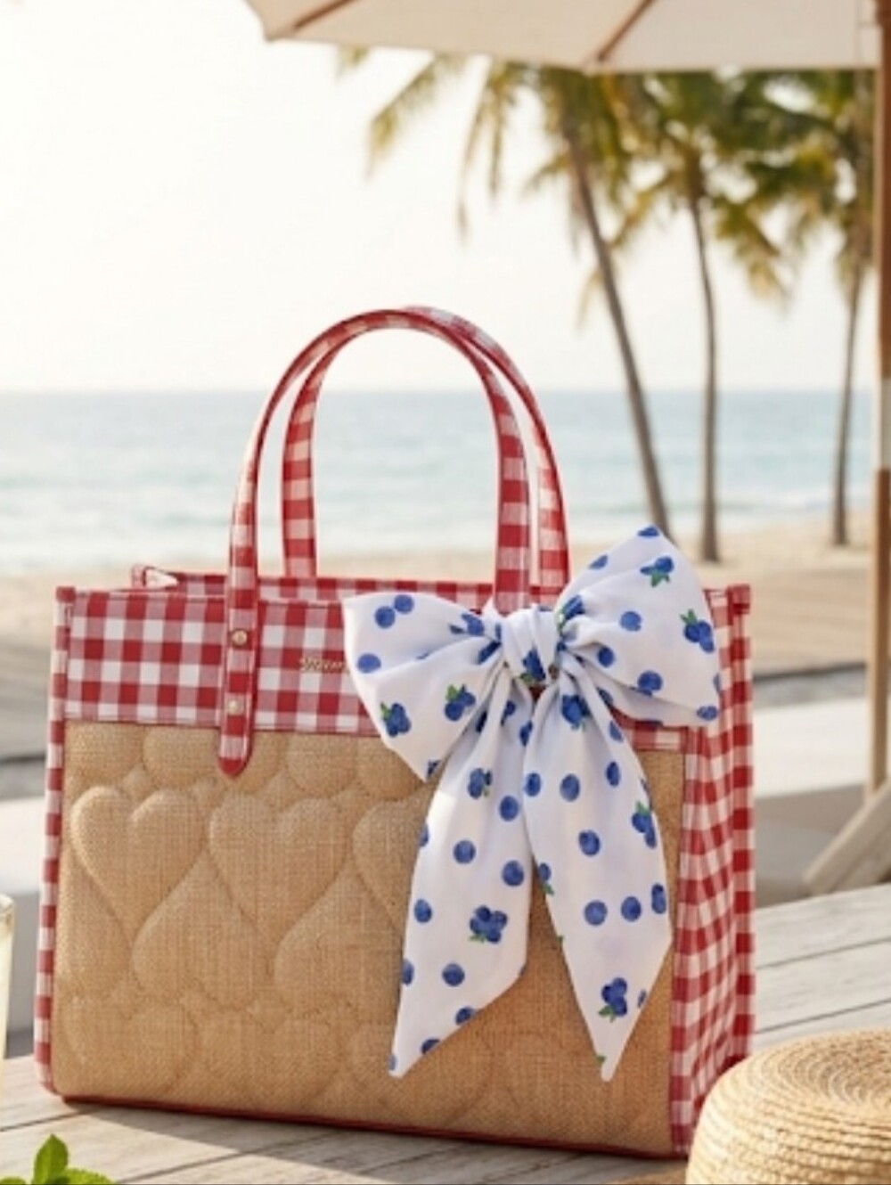 NWT Betsey Johnson Straw Gingham Tote Bag Blueberry Bow